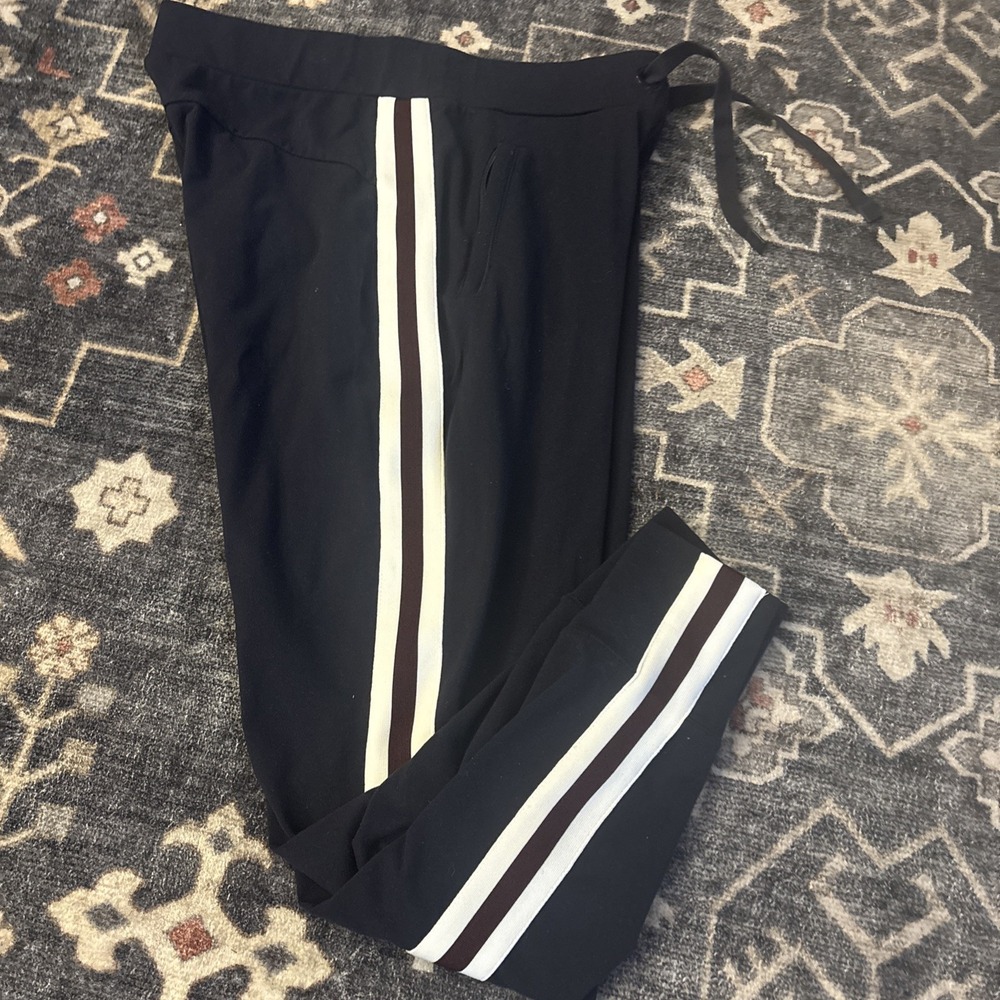 Athleta women jogger pants size Small drawstring zip pocket striped Navy
